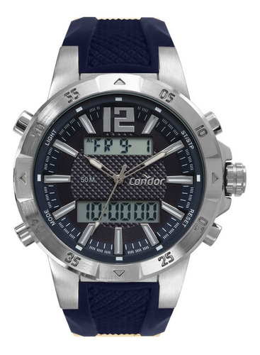 Relógio Condor Masculino Digital Prata - Cobjk657ah/5a Correia Azul Bisel Prateado Fundo Azul