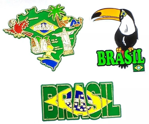 Kit 3 Imãs Geladeira Brasil Bandeiras Mapa Pássaros Souvenir