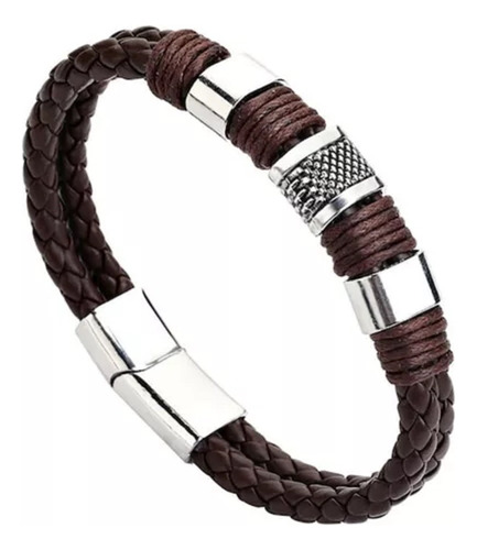 Pulsera Hombre Cuero Genuino Trenzado Marron Cierre Iman