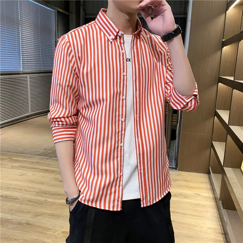 Camisa De Manga Larga A Rayas Para Hombre, Tendencia Juvenil