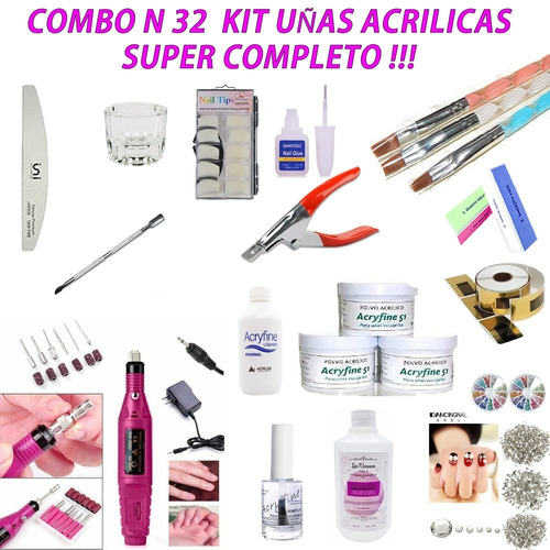 Combo N32 Kit Uñas Acrilicas Polimero Monomero Torno Tips