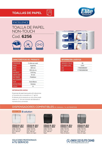 Toalla Non Touch Simple Hoja 250 Mts X 2 Elite Professional
