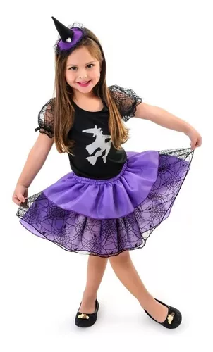 Fantasia Halloween Infantil Menina Bruxinha Bella Com Tiara Mini Chapéu