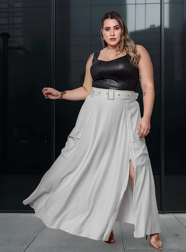 Saia Evasê Longa Com Bolso Fenda Zíper E Cinto Plus Size
