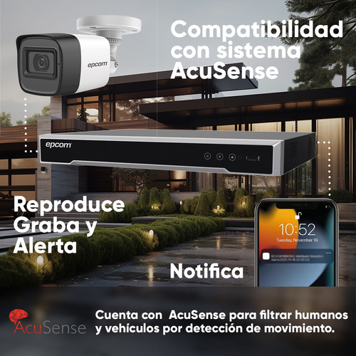 Epcom Kit Dvr Ev-8004turbo-plus 4 Canales Turbohd + 4 Canales Ip 8 Mp 4k Tecnología Acusense Evita Falsas Alarmas + Audio Por Coaxitron 4 Entradas De Alarma 1 Salida De Alarma + Detección De Rostros