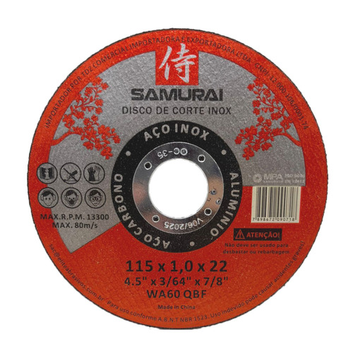Kit 100 Disco De Corte Inox (fino) 115 X 1,0 X 22mm Samurai Cor Vermelho