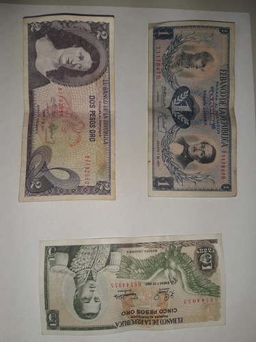 Billetes Antiguos Colombianos 1 2 5 Pesos Más De 50 Años 