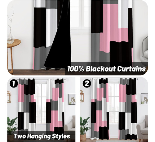 Cortinas Largas Blackout Con Diseño Cuadros Rosa 132x213 Cm