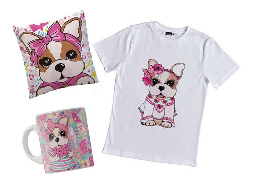 Combo Remera Simones Dog Perritos Sofia Con Taza Y Almohada