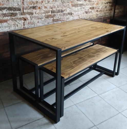 Imagen 3 de 6 de Mesa Comedor Industrial 140x80 + 2 Bancos Madera Hierro Bar
