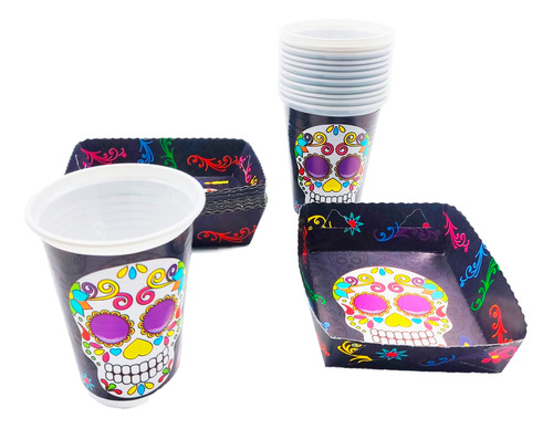 Kit 12 Vasos 12 Platos Decorativos Halloween Catrina