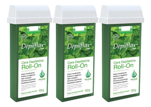 Kit 3 Refil Ceras Depilação Hortelã Roll On Depilflax 100g