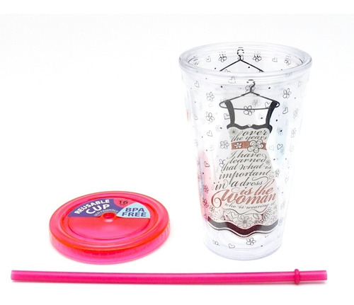 Imagen 2 de 2 de Vaso Termo Con Popote Con Tapa Roja Transparente 473ml