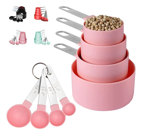 Set De 8 Cucharas Y Tazas Medidoras Acero Inoxidable Pink