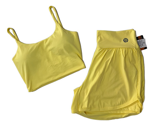Conjunto Short Duplo Academia Feminino Rota D'água Poliamida Amarelo Lisa M