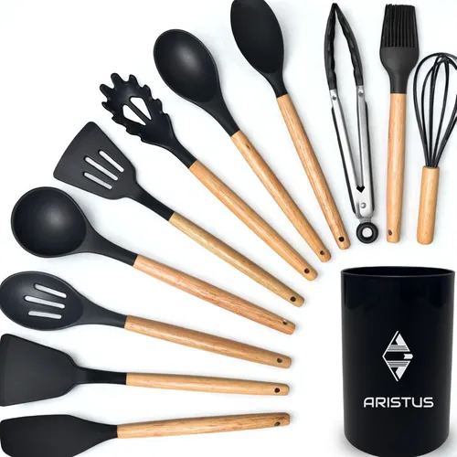 Kit 12 Utensílios De Cozinha Em Silicone Premium Com Cabo De Made...