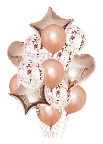 Set De 14 Globos Metalizados Estrella Corazon Confetti Latex
