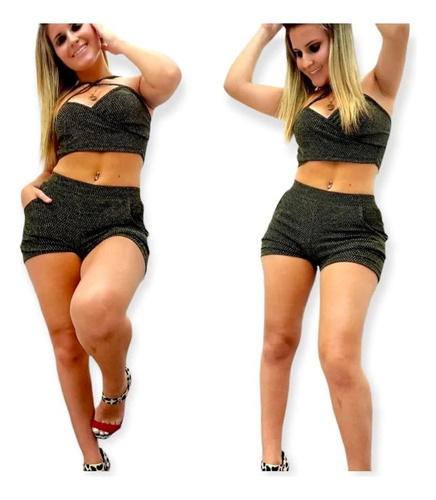 Crop Top Mas Short Conjunto Noche Con Brillos Ideal Fiesta