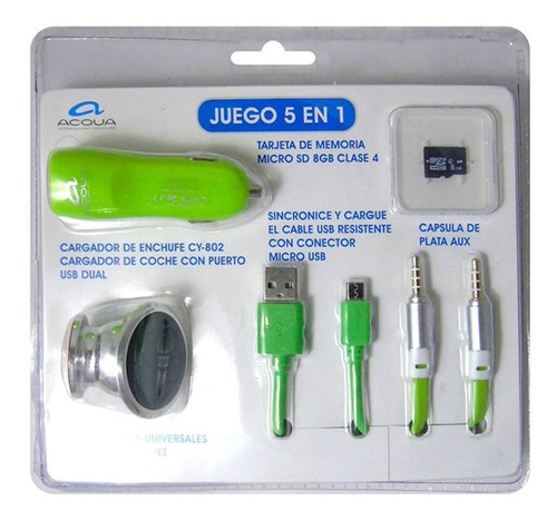 Kit 5 En 1 Acqua Cargador Auto Cable Micro Usb Tarjeta M