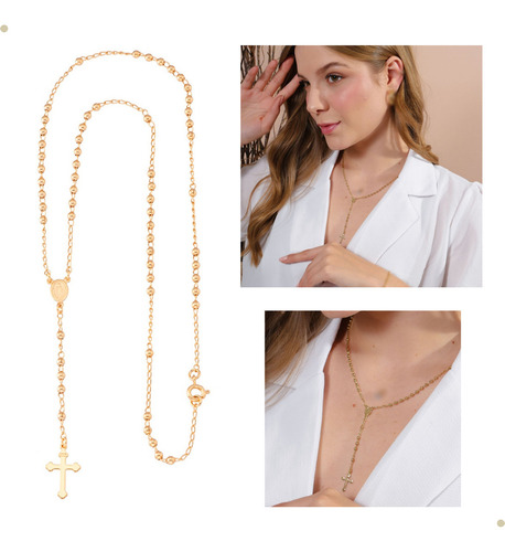 Colar Terço Nossa senhora das graças Rosário Feminino Dourado Crucifixo Banhado Ouro 18k antialérgico
