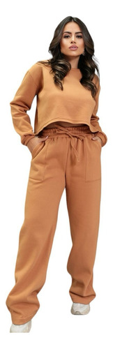  Conjunto Feminino Moletom Cropped Com Calça Pantalona Cargo