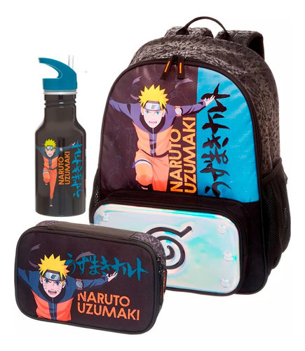 Mochila De Costas  Estojo Box  Garrafa Naruto Ninja Run