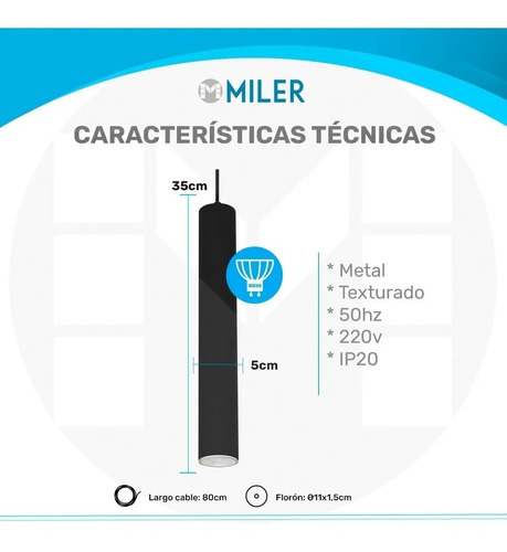 Imagen 2 de 10 de Lampara Colgante Metal Minimalista Tubo 35cm + Dicro Led!