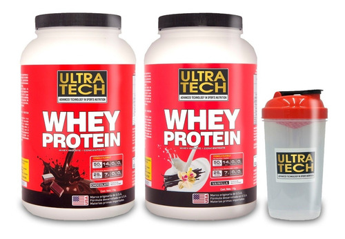 Whey Protein Ultra Tech Promo 2 Potes X 1 Kg C/u + Shaker De Regalo Proteína De Suero Alta Concentración