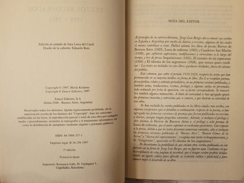 Imagen 5 de 8 de Textos Recobrados 1919-1929 Jorge Luis Borges Emece T/dura