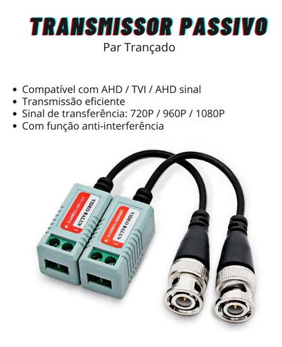 Par Cabo Video Transmissor Conector P/ Camera Hd Cvi Tvi Ahd