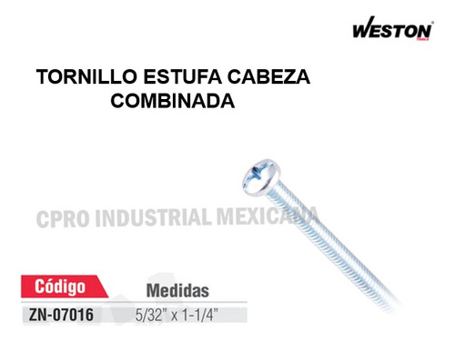 Tornillo Estufa Cabeza Combinada 5/32x1-1/4 -100pz 7016