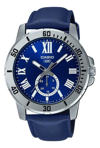 Reloj Casio Hombre Malla Cuero Mtp-vd200l Oficial Color De La Malla Azul Color Del Bisel Plateado