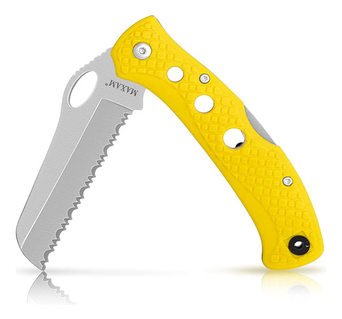 Maxam Cuchillo De Agua Salada De 12,7 Cm, Hoja Serrada De Acero Inoxidable Alemán Con Mango Amarillo De Alta Visibilidad, Clip De Bolsillo Reversible, Agujero Para Cordón, Ideal Para Agua Salada Y