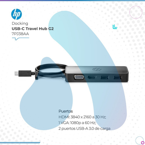 Imagen 2 de 9 de Docking Hp Usb-c Travel Hub G2 7pj38aa