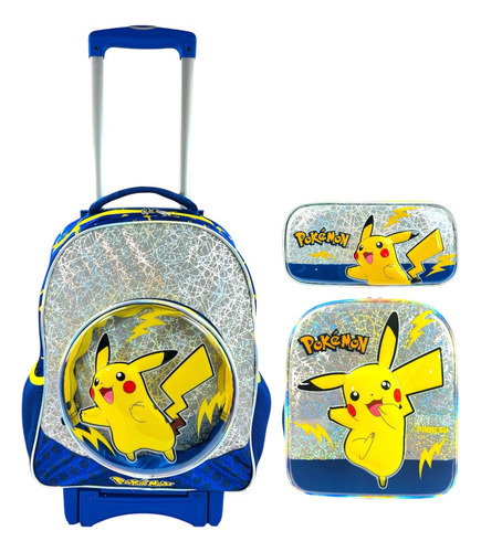 Mochila Rueditas Lonchera Lapicera Primaria Pokemon Pikachu Azul Pokémon