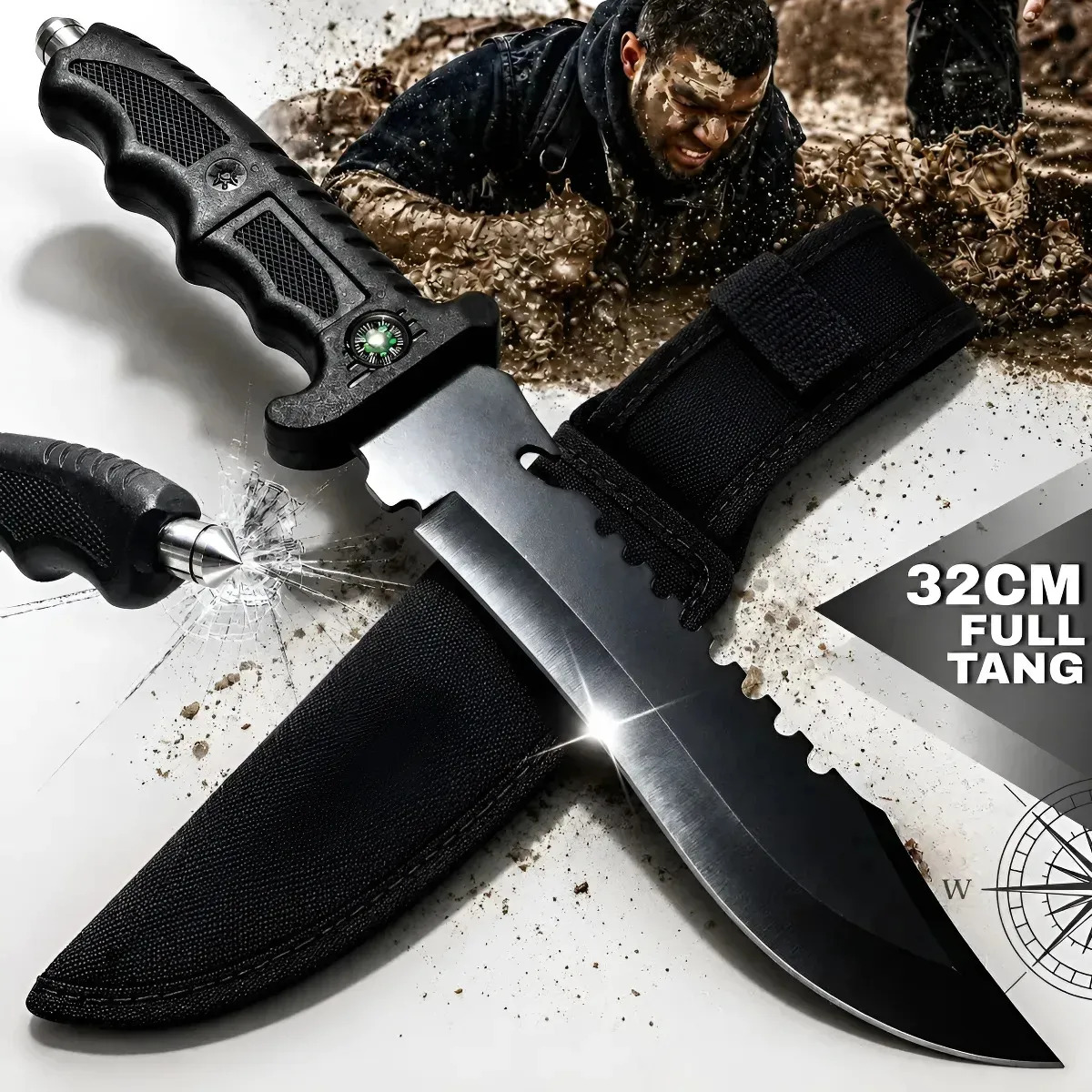 Faca Tática Sobrevivência 32cm Aço 440c Ultra Afiada Com Bússola e Bainha Militar de Nylon Premium Camping Caça Pesca Trilha Emergência Resgate Selva Outdoor Combate Presente Perfe
