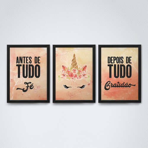 Trio De Quadros Antes & Depois De Tudo Unicórnio 60x90cm