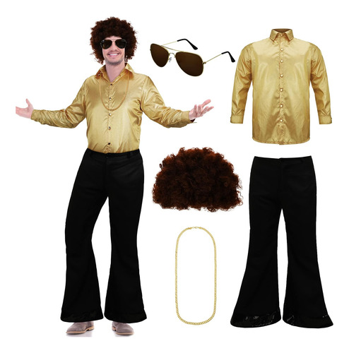 Haull Men Disco Costume Set Que Incluye Camisa, Collar Dorad