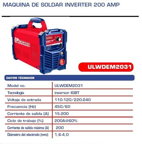 Imagen 2 de 4 de Maquina De Soldar Inverter 200 Amp Cables/pinzas/cepillo/