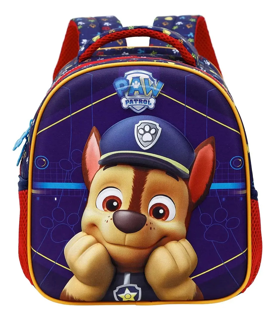Mochila Escolar Patrulha Canina Chase 3D Azul e Vermelho da Xeryus