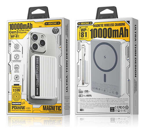 Power Bank 10000mah Batería Externa 15w Carga Rápida Wekome Color Gris