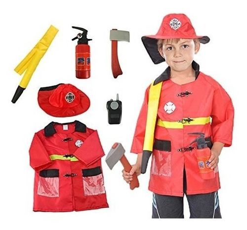 Disfraz Bombero Niños Gorro Manguera Radio Hacha 