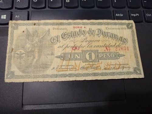 Billete El Estado De Durango 1 Peso 1914