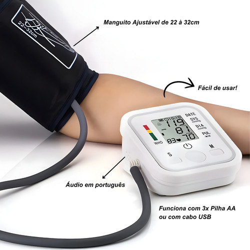 Aparelho Medidor De Pressão Arterial Digital Inteligente Automatico Voz Usb Pilhas Cor Branco