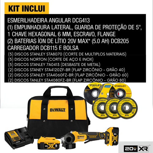 Kit Esmerilhadeira Angular Brushless 800w 9000rpm C Kickback Brake E-clutch Para Discos De 4 1/2 - 5 Lixadeira Dewalt + Kit C Discos Multimaterial, Inox, Desbaste Metal E Zirconio 3 Anos Garantia