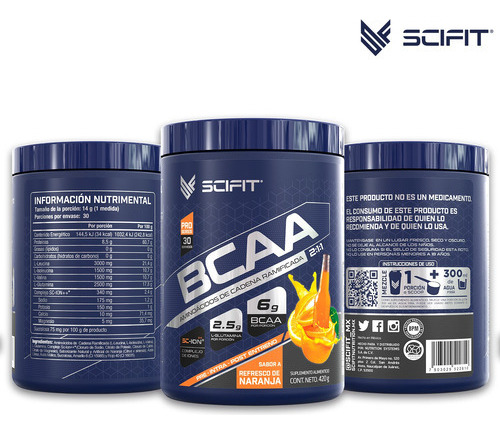 Aminoácidos Scifit BCAA + Glutamina 420g | Complexo Iônico de Refrigerante de Laranja