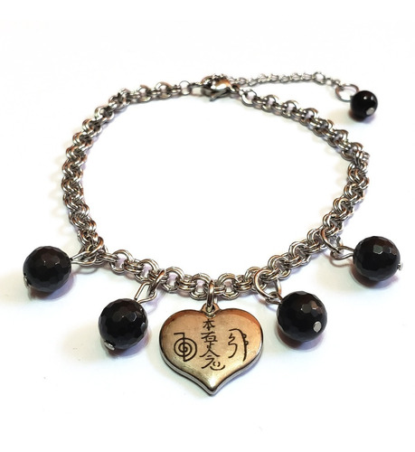 Pulsera Con Símbolos Reiki  De Acero Y Turmalina