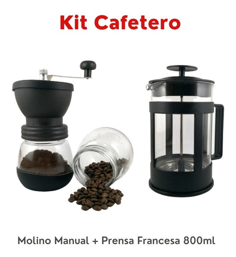 Kit Cafetero Molino Manual De Vidrio + Prensa Francesa 800ml