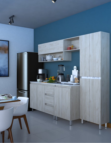 Cocina Integral Completa Decomobil Premium Minimalista Color Encino Polar - Mármol Blanco