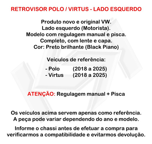 Retrovisor Esquerdo Manual Pisca Polo 2018 19 21 22 23 24 25
